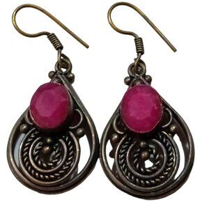 Vintage Dangle Earrings Pear Drop Shape with Red Rubies 1" Long